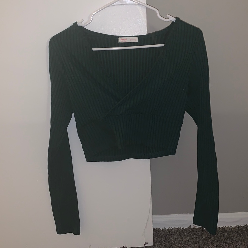 Solid Wrapped Rib-Knit Long Sleeve Crop Top from Romwe Size S